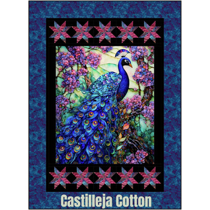 Peacock and Stars quilt features Peacock panel with Ohio star pieced borders.