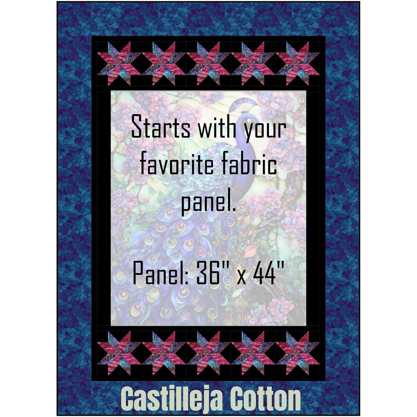 Peacock and Stars quilt features Peacock panel with Ohio star pieced borders. Middle panel is shown white to see where your panel would go.