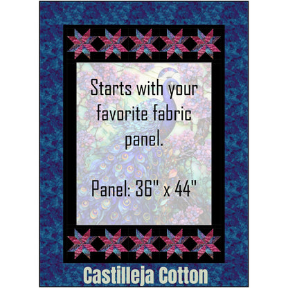 Peacock and Stars quilt features Peacock panel with Ohio star pieced borders. Middle panel is shown white to see where your panel would go.