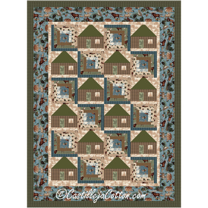 Rustic cabin blocks alternating with log cabin blocks in this quilt.