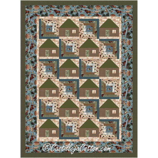 Rustic cabin blocks alternating with log cabin blocks in this quilt.