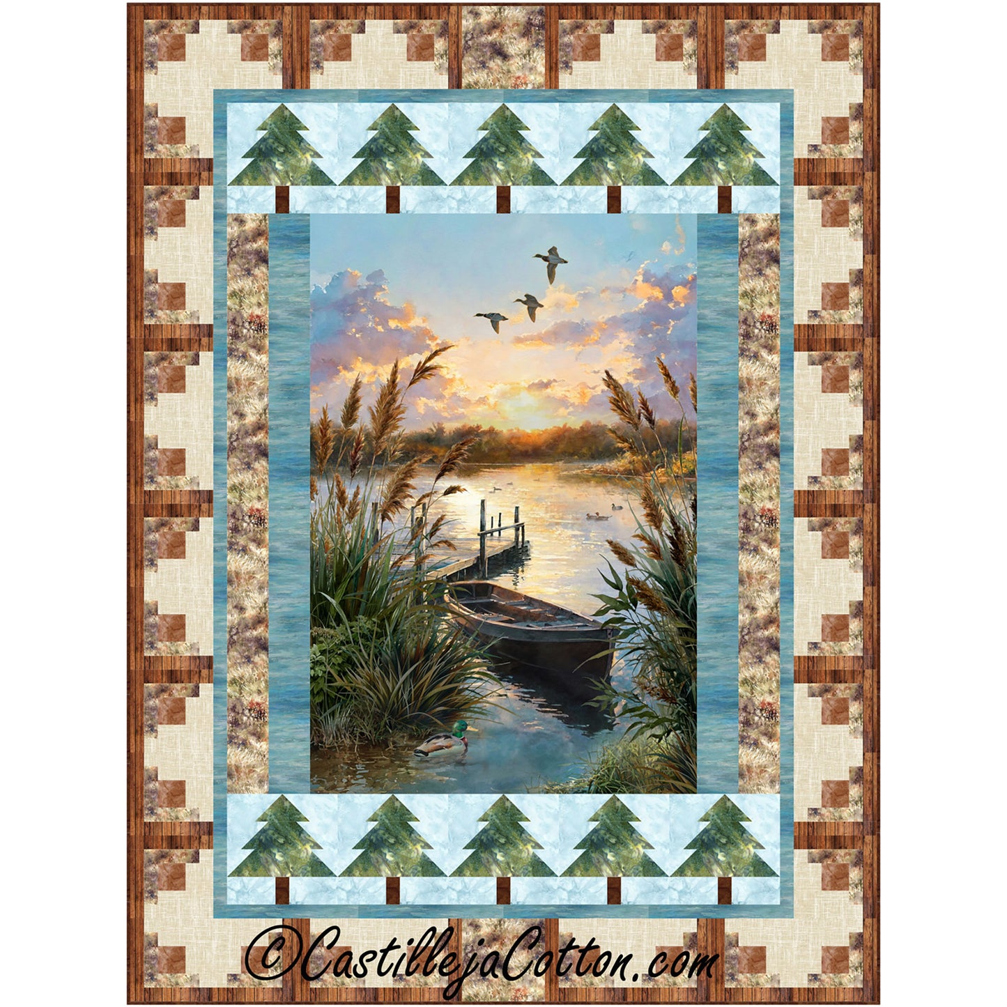 Lakeside quilt features a summer lake panel with pieced tree and log cabin borders.