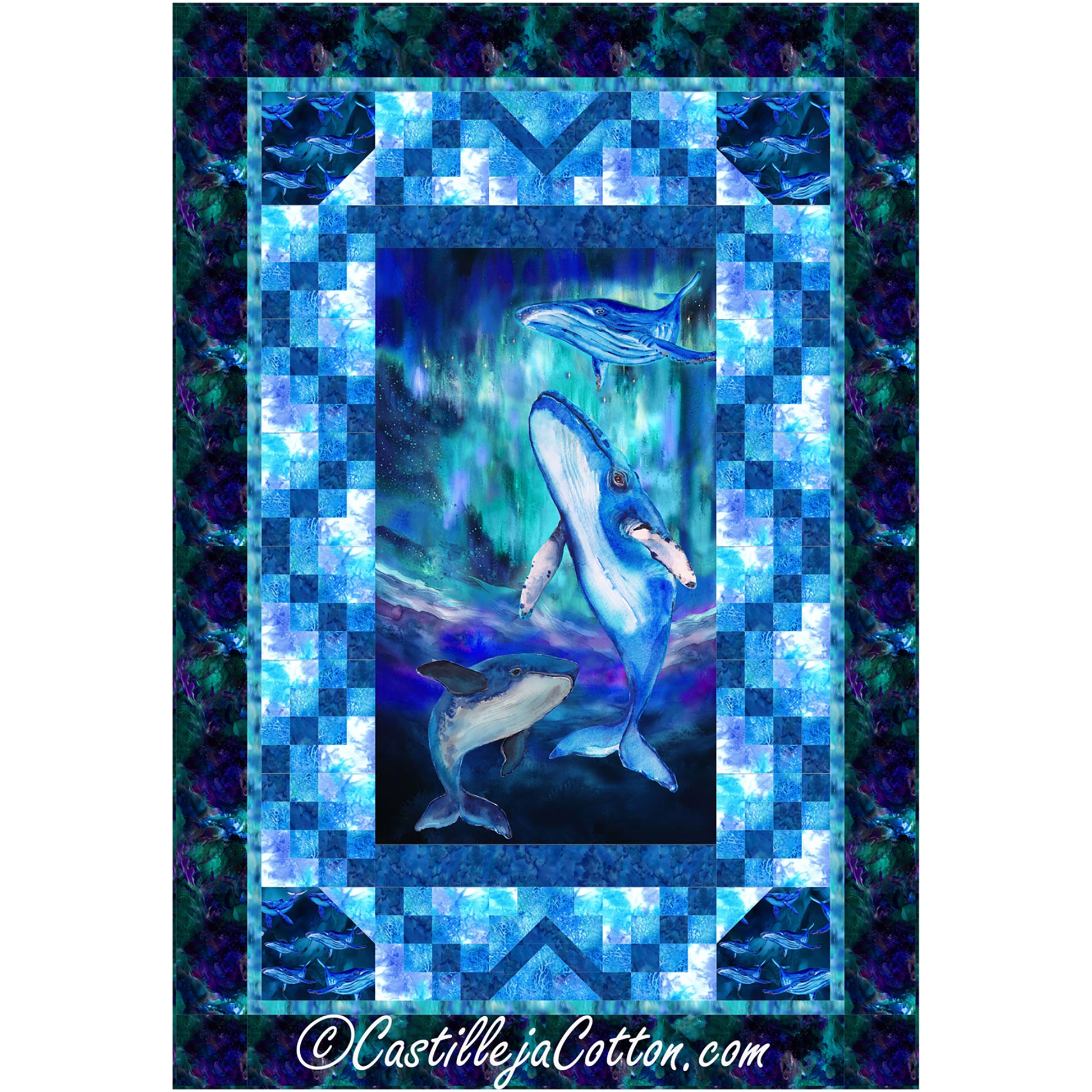 Humpbacks Singing quilt features a Humpback whale panel with simple pieced block borders. 