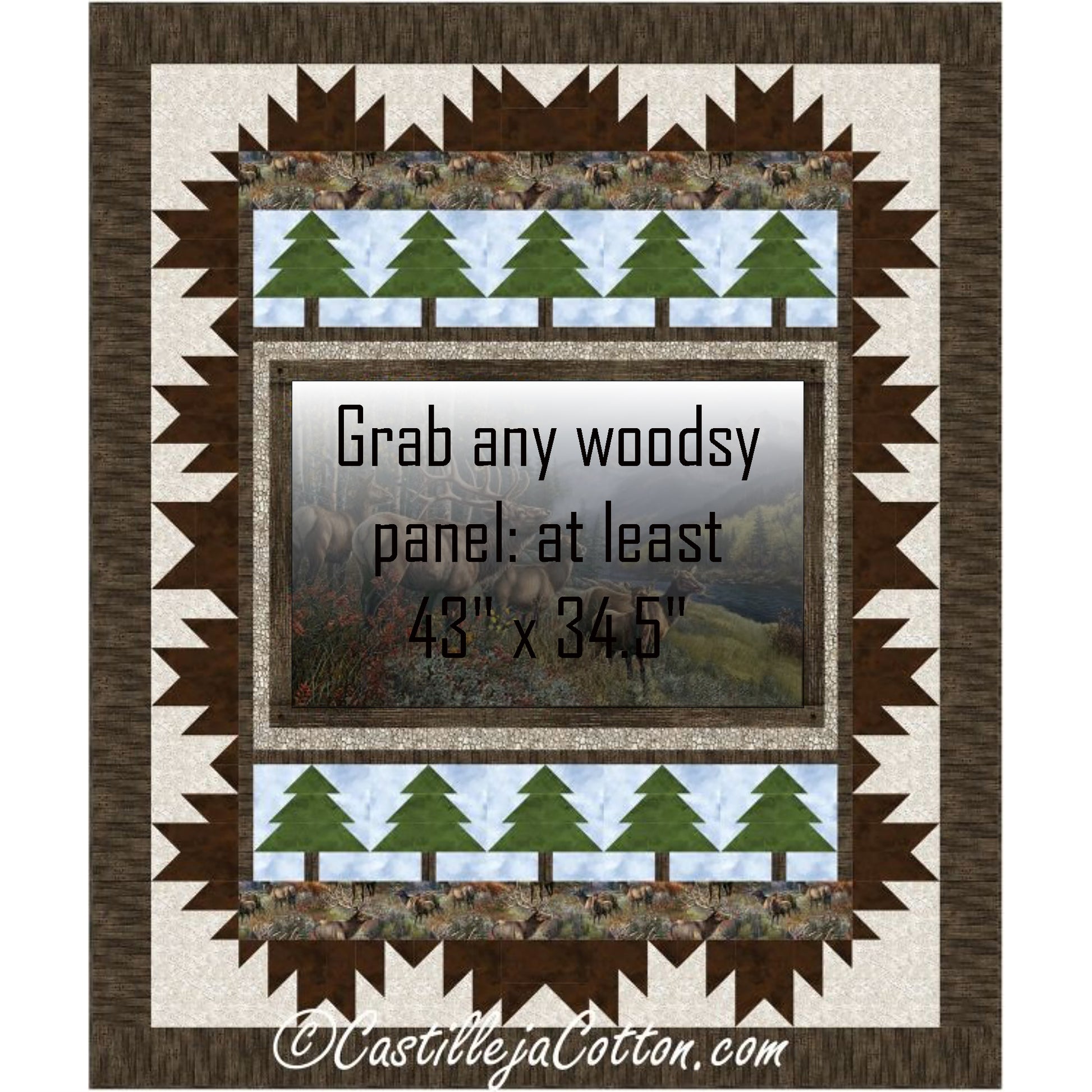 Woodsy quilt features a middle panel of elk in a wood with mountains in the background with a pine trees and zig-Zag border. The middle panel is partly greyed out to show you where you can put any panel of at least 43" x 34.4"