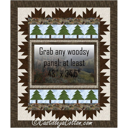 Woodsy quilt features a middle panel of elk in a wood with mountains in the background with a pine trees and zig-Zag border. The middle panel is partly greyed out to show you where you can put any panel of at least 43" x 34.4"