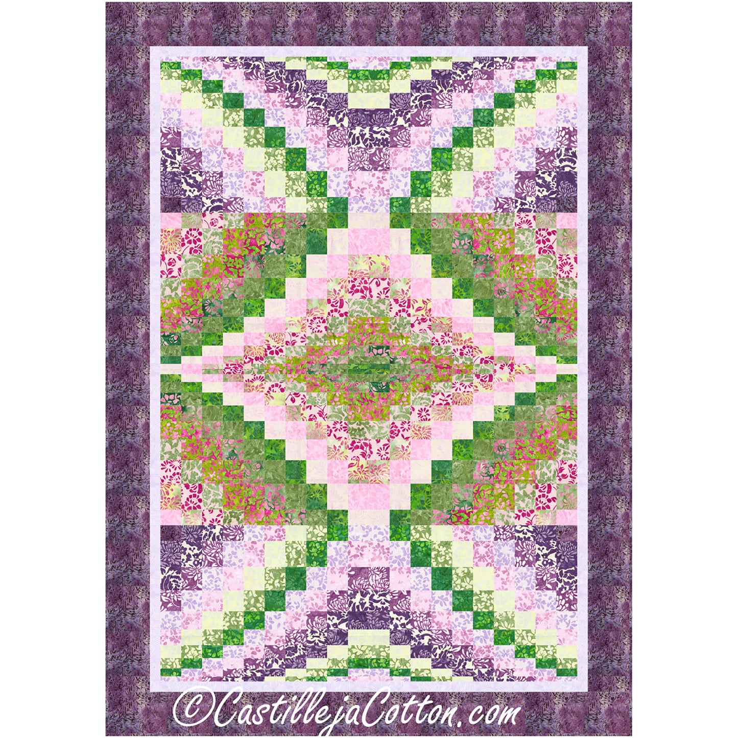 Center Diamond Floral quilt features four repeated blocks with a bargello design in green, pink and purple.