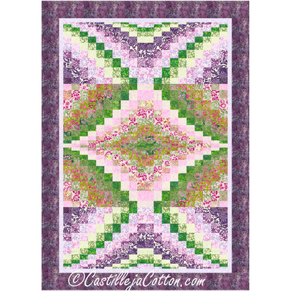 Center Diamond Floral quilt features four repeated blocks with a bargello design in green, pink and purple.