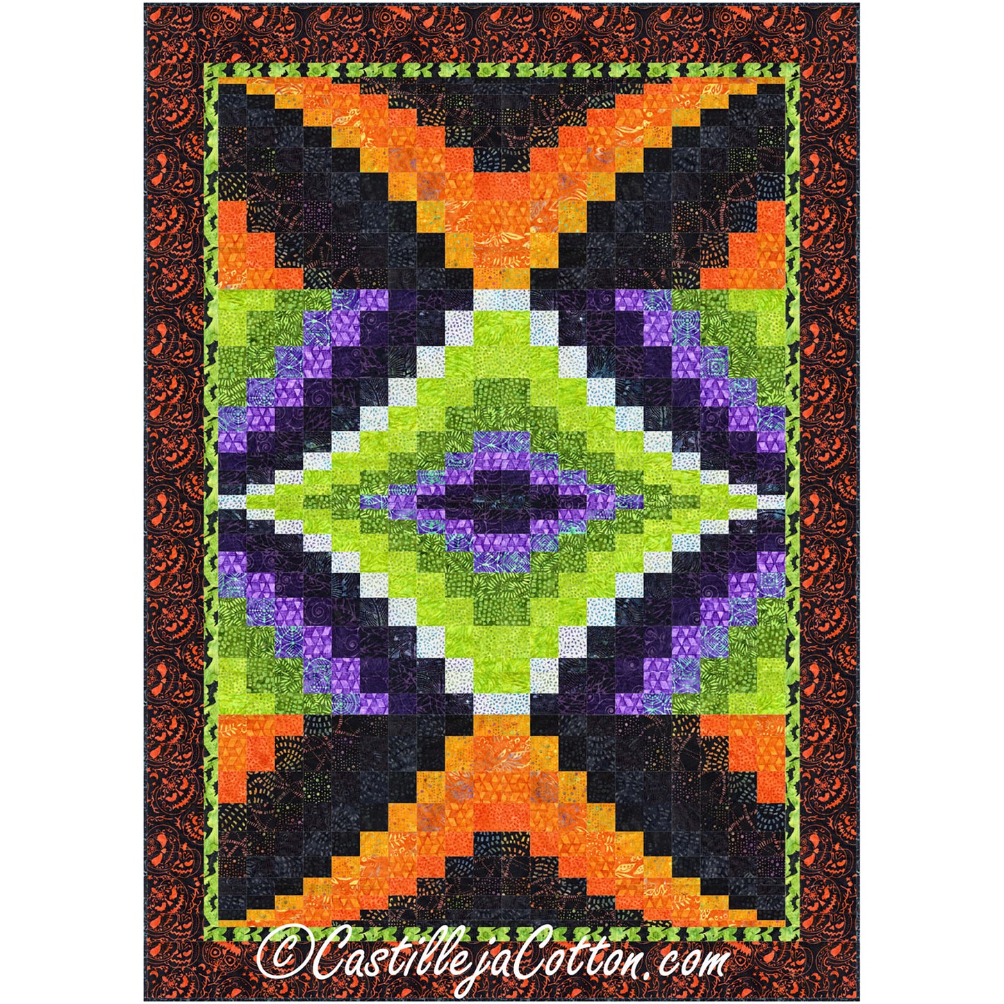 Center Diamond Raven quilt features four repeated blocks in a bargello pattern with Halloween colors of Lime, Orange, and Purple fabric.