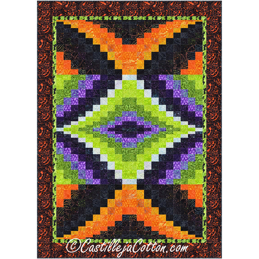 Center Diamond Raven quilt features four repeated blocks in a bargello pattern with Halloween colors of Lime, Orange, and Purple fabric.