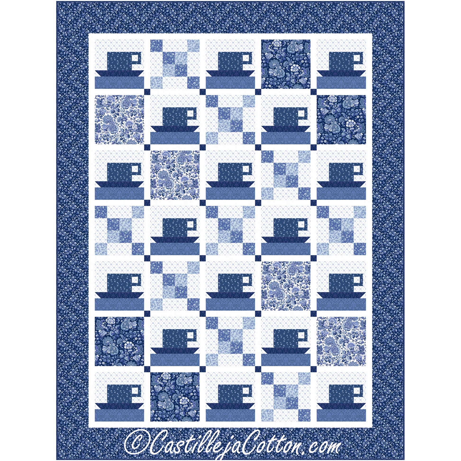 A blue and white quilt featuring a charming pattern of coffee or tea cups.