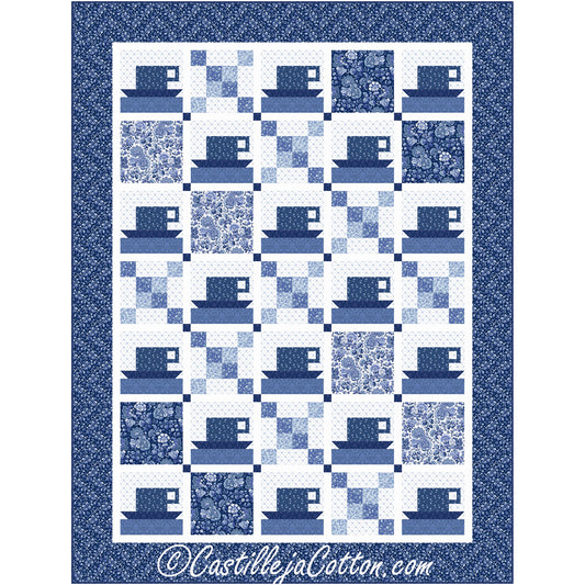 A blue and white quilt featuring a charming pattern of coffee or tea cups.