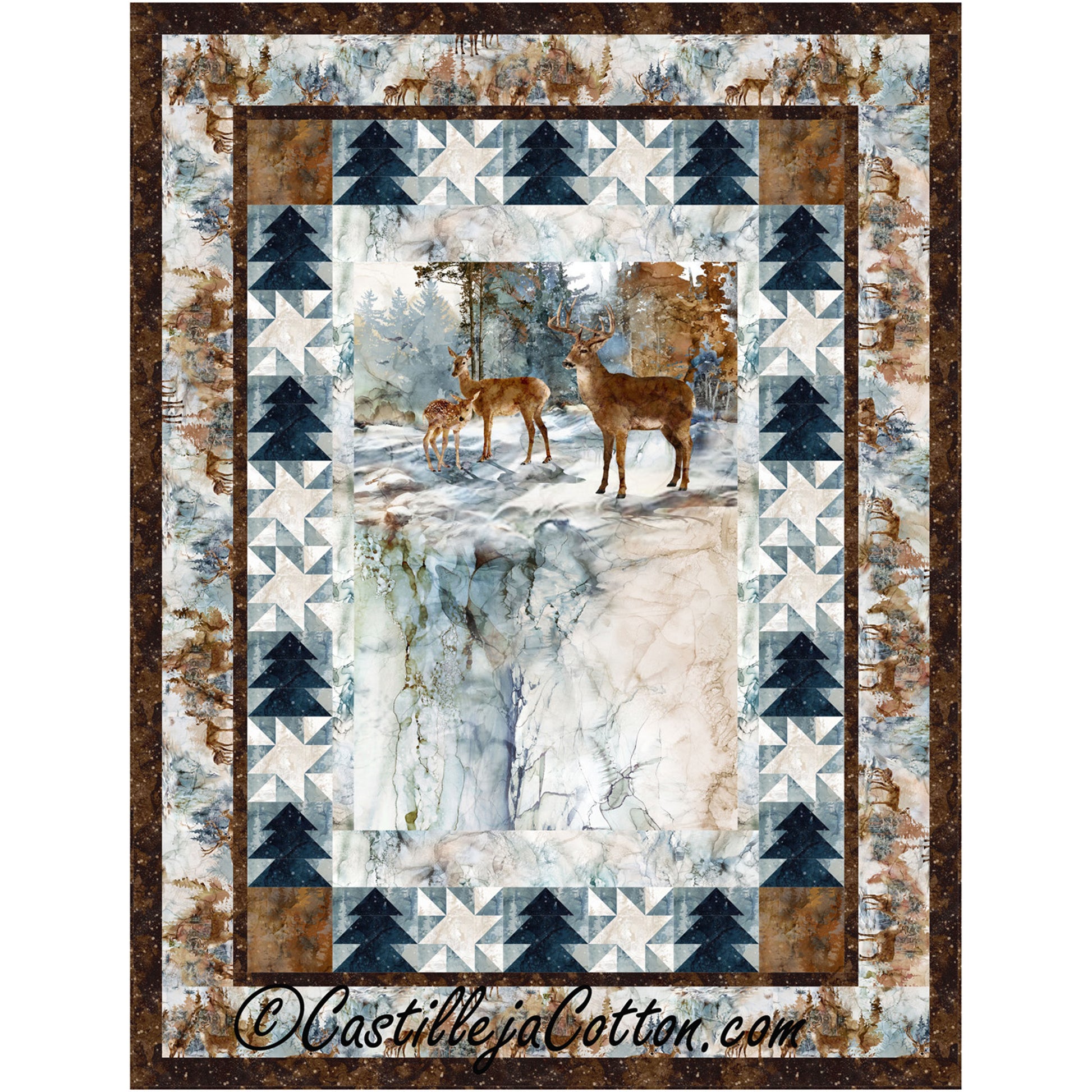 A quilt featuring a design of deer among trees, showcasing a serene woodland scene in soft colors.