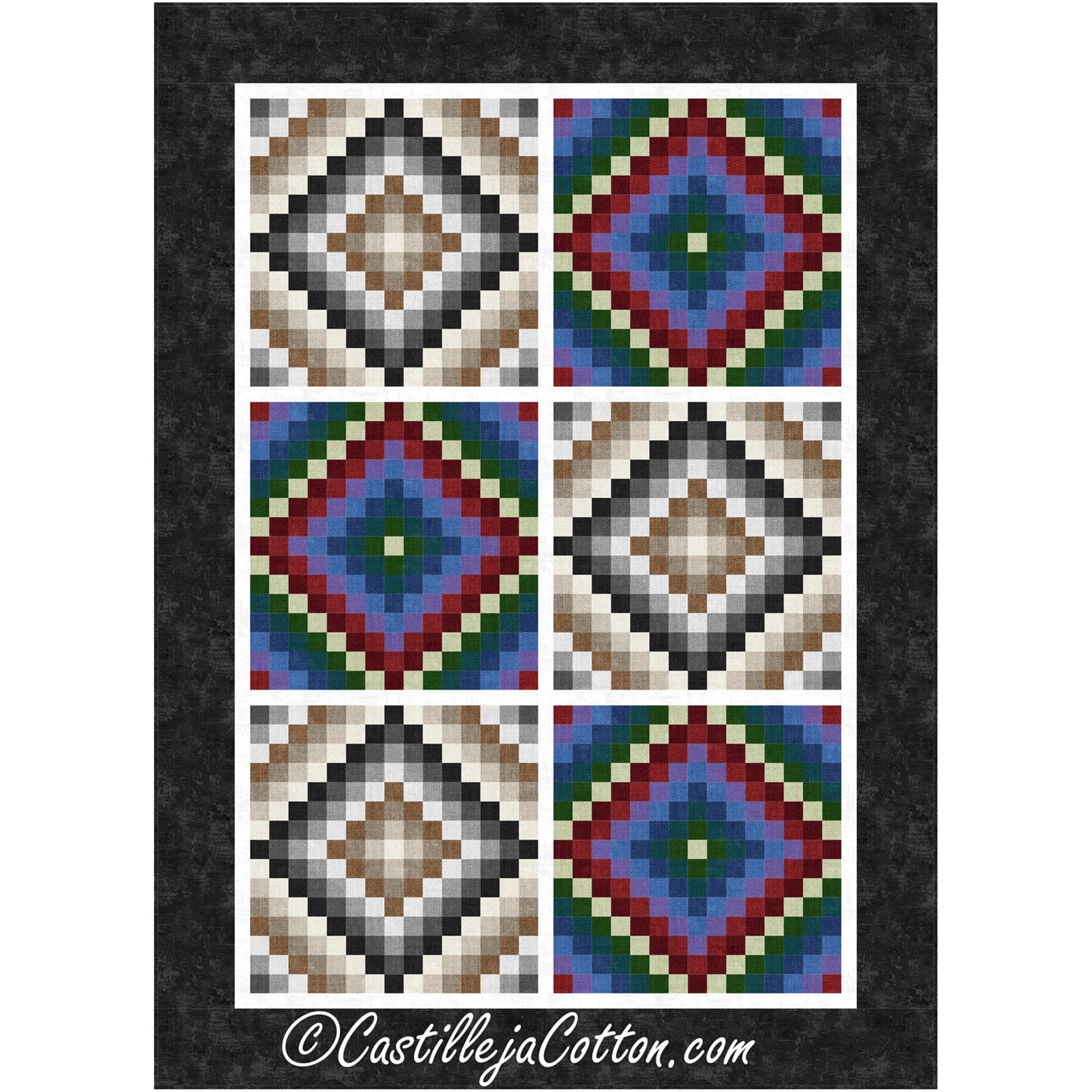 Six diamond patterned blocks with three on either size of quilt with two different blocks variegated to be shown three times each. In shades of grey, brown, red, blue, and green.