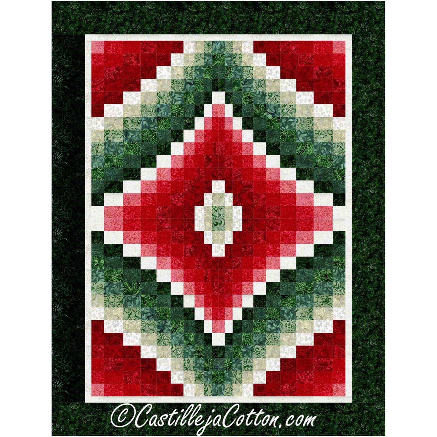 Diamond bargello quilt featuring Christmas colors in Red, White, and Green.