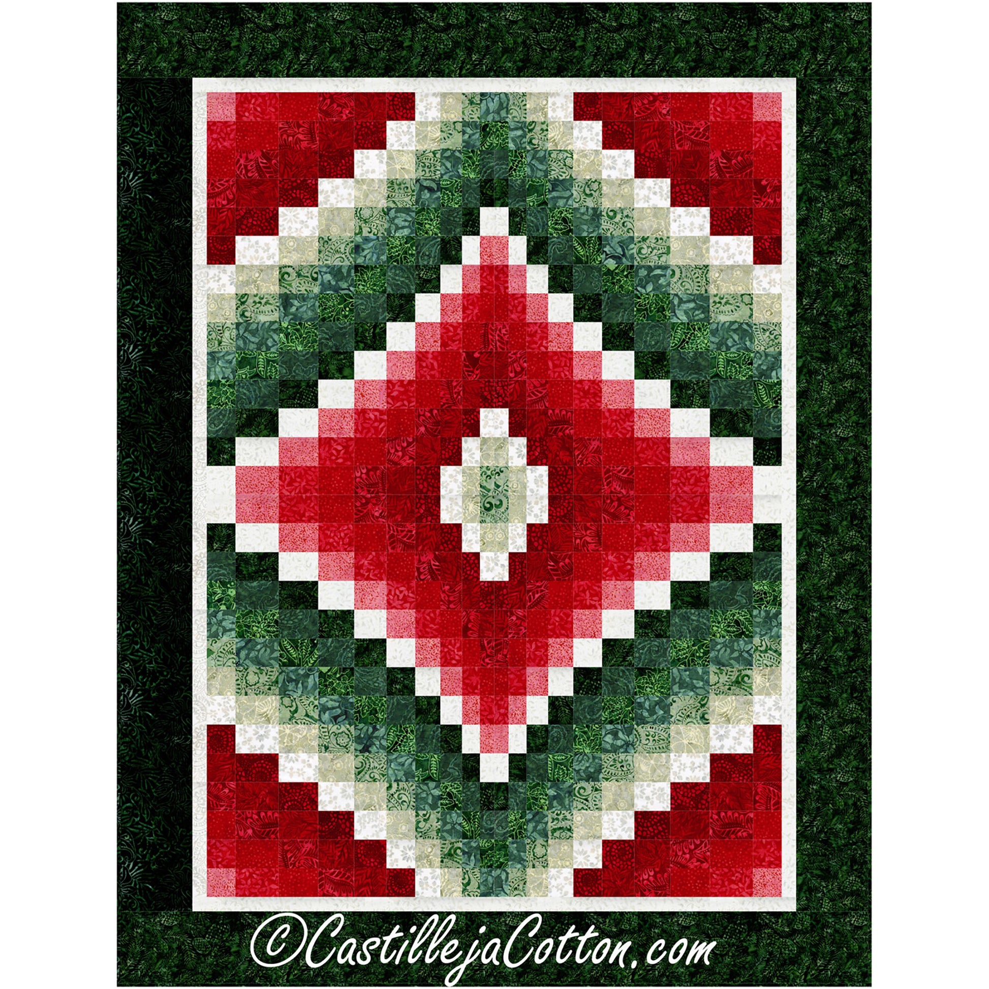 Diamond bargello quilt featuring Christmas colors in Red, White, and Green.