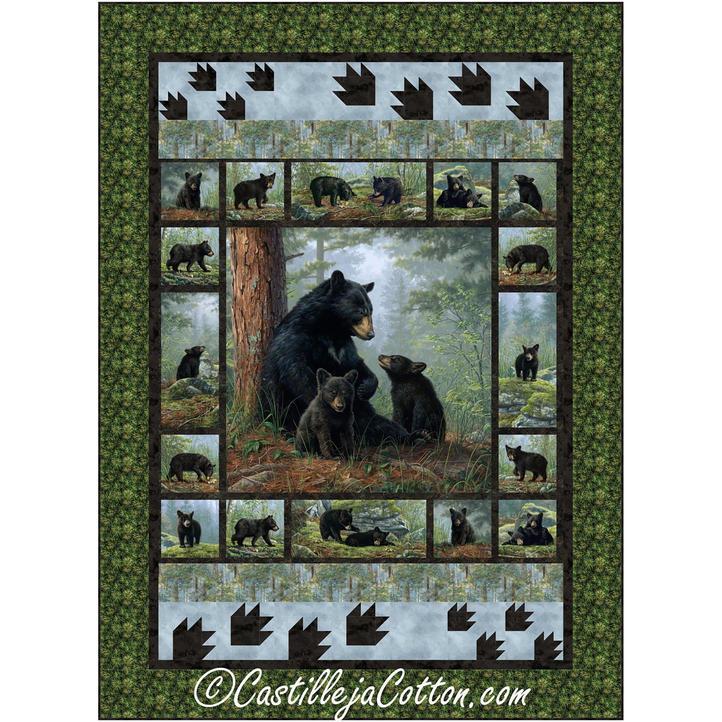 Adorable quilt features a bear with two cubs in the middle with prints of bears around this center block. Topped off with paw print design on top and bottom. Great for all nature and bear lovers.