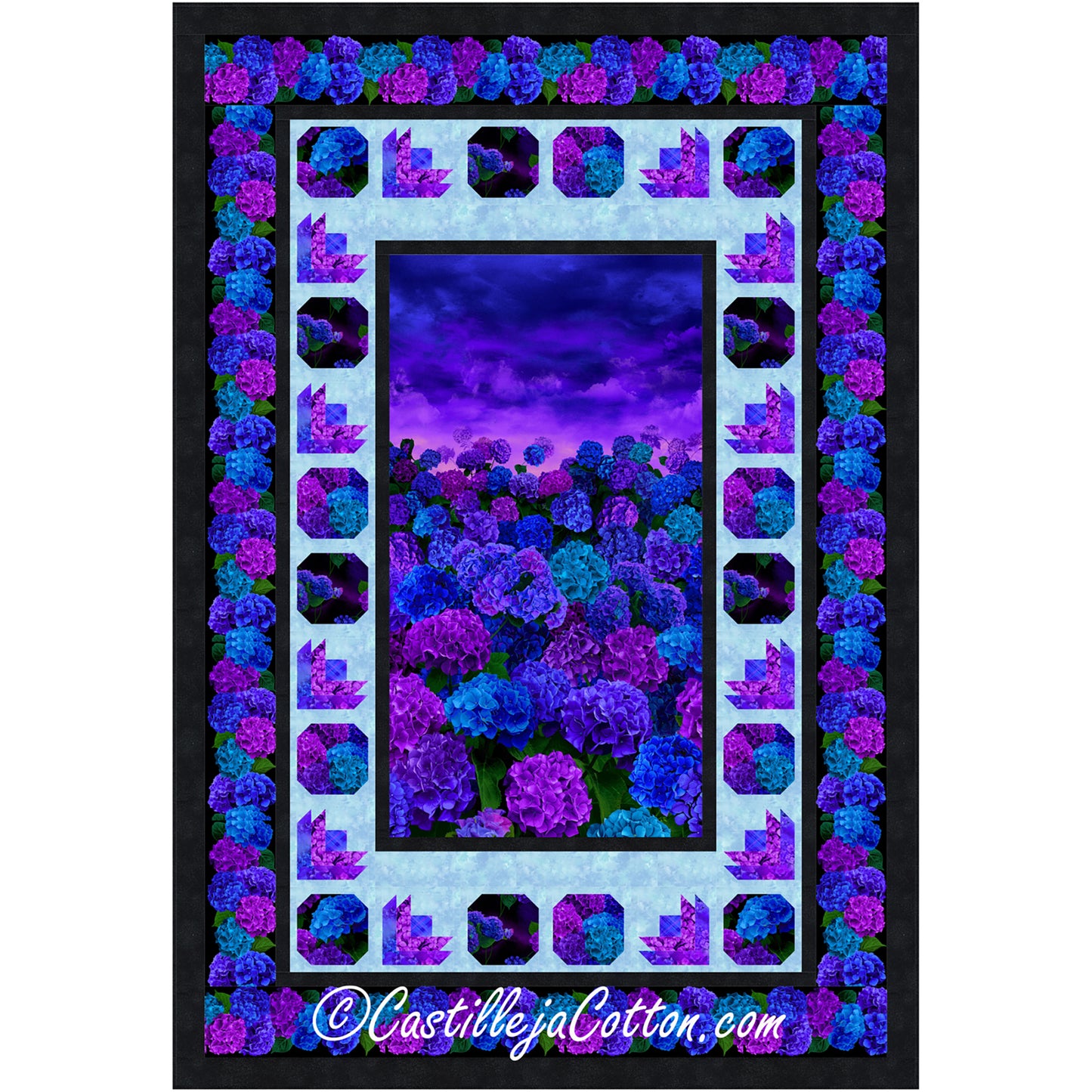 A vibrant purple and blue floral quilt elegantly displayed within a sleek black frame, showcasing intricate patterns.