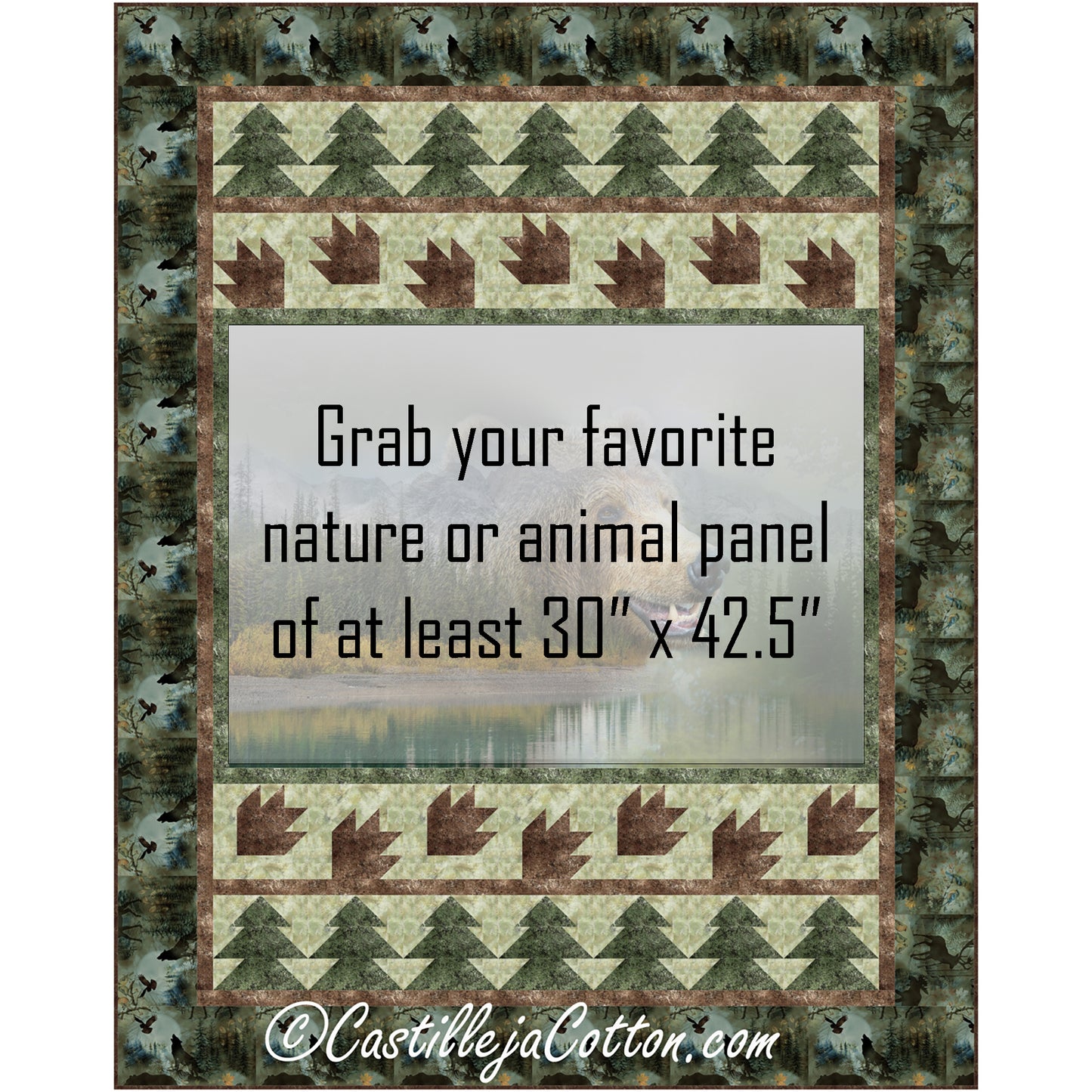 Bear in the Forest quilt shows note where panel is so you can see what the pattern looks like to change up the panel with your favorite nature or animal panel.