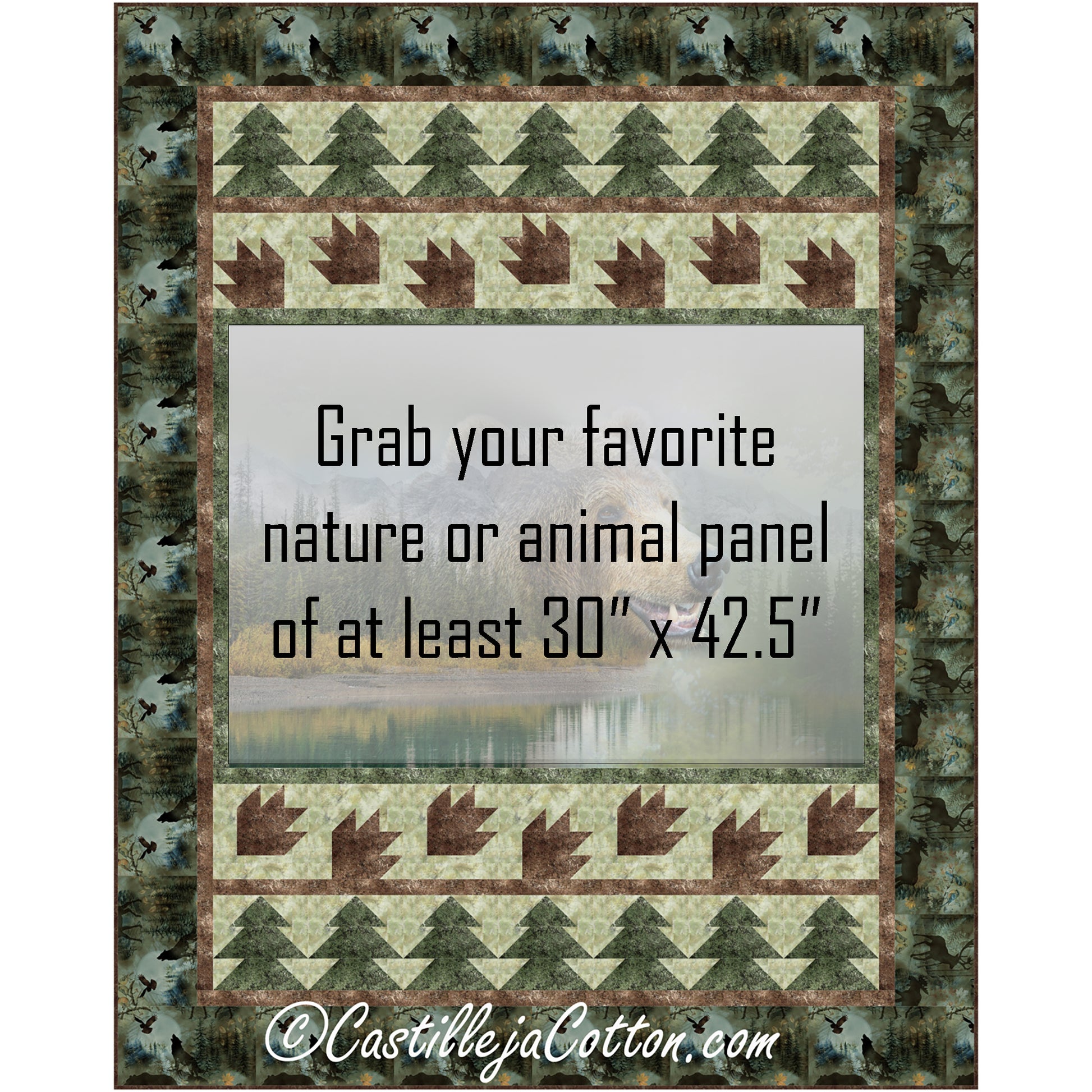 Bear in the Forest quilt shows note where panel is so you can see what the pattern looks like to change up the panel with your favorite nature or animal panel.