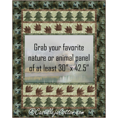 Bear in the Forest quilt shows note where panel is so you can see what the pattern looks like to change up the panel with your favorite nature or animal panel.