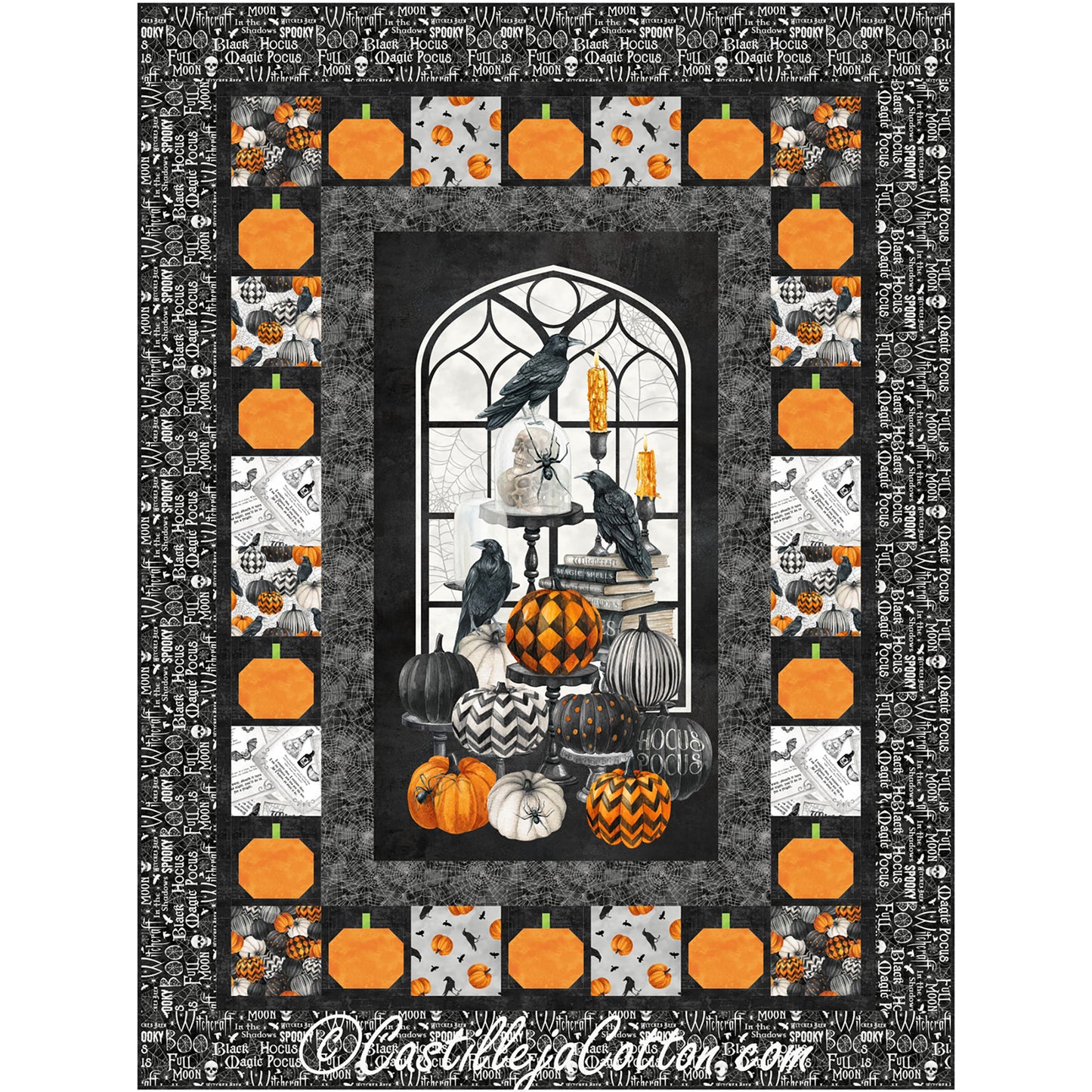 Halloween or Fall quilt in black and orange features an image in the middle of ravens in front of a window with colorful painted pumpkins and books with a few candles. Image in the middle is then bordered with a few borders which include one with pumpkins and alternating Halloween fabrics.