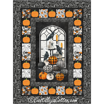 Halloween or Fall quilt in black and orange features an image in the middle of ravens in front of a window with colorful painted pumpkins and books with a few candles. Image in the middle is then bordered with a few borders which include one with pumpkins and alternating Halloween fabrics.