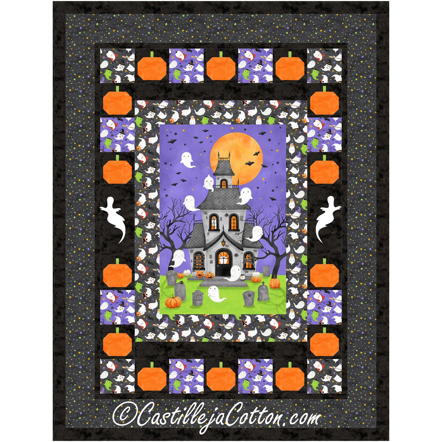 Adorable quilt features a cute haunted house panel which features ghosts and a graveyard. Border includes blocks of pumpkins, ghosts, and Halloween fabric blocks.