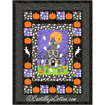 Adorable quilt features a cute haunted house panel which features ghosts and a graveyard. Border includes blocks of pumpkins, ghosts, and Halloween fabric blocks.