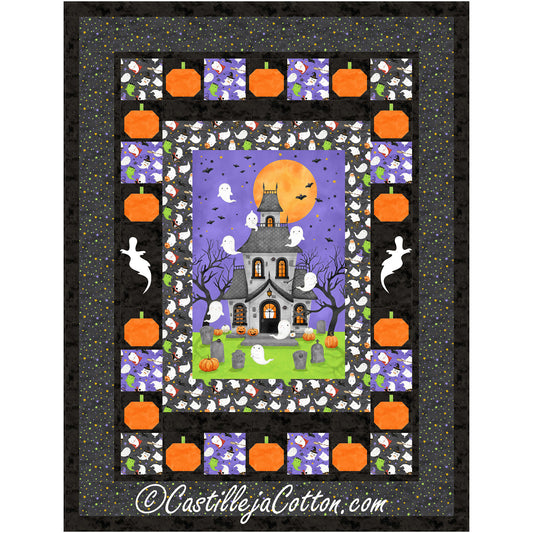 Adorable quilt features a cute haunted house panel which features ghosts and a graveyard. Border includes blocks of pumpkins, ghosts, and Halloween fabric blocks.