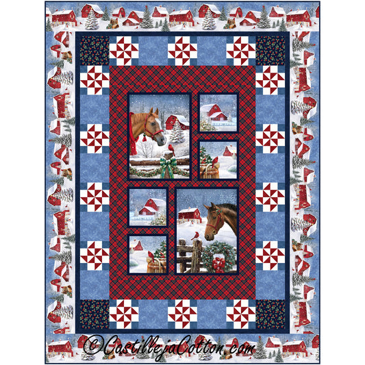 Festive quilt adorned with horses, snow, barns, wreaths and evergreen trees coated in snow with border of  peppermint candy, ideal for winter.