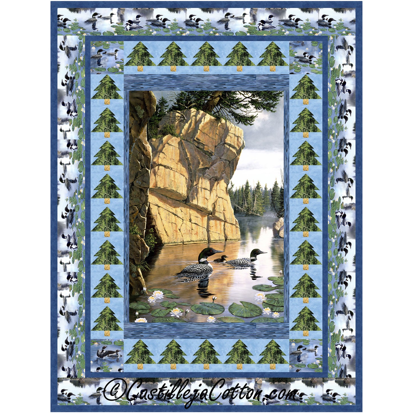 A quilt featuring two ducks swimming in water, showcasing a serene and nature-inspired design.