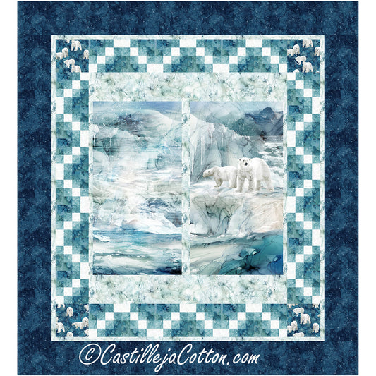Queen quilt features two panels in the middle including ice and ice with polar bears.  Simple zig-zag border.