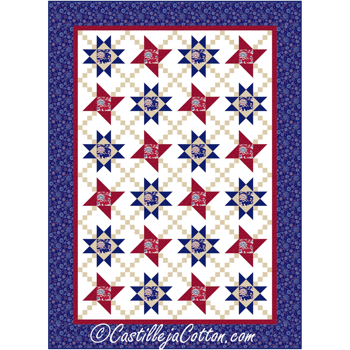 A colorful quilt adorned with a patriotic stars pattern in red, white, and blue.