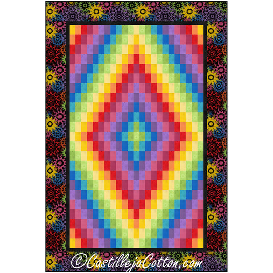 Colorful rainbow colored quilt in Bargello design of diamond pattern and flowery border.