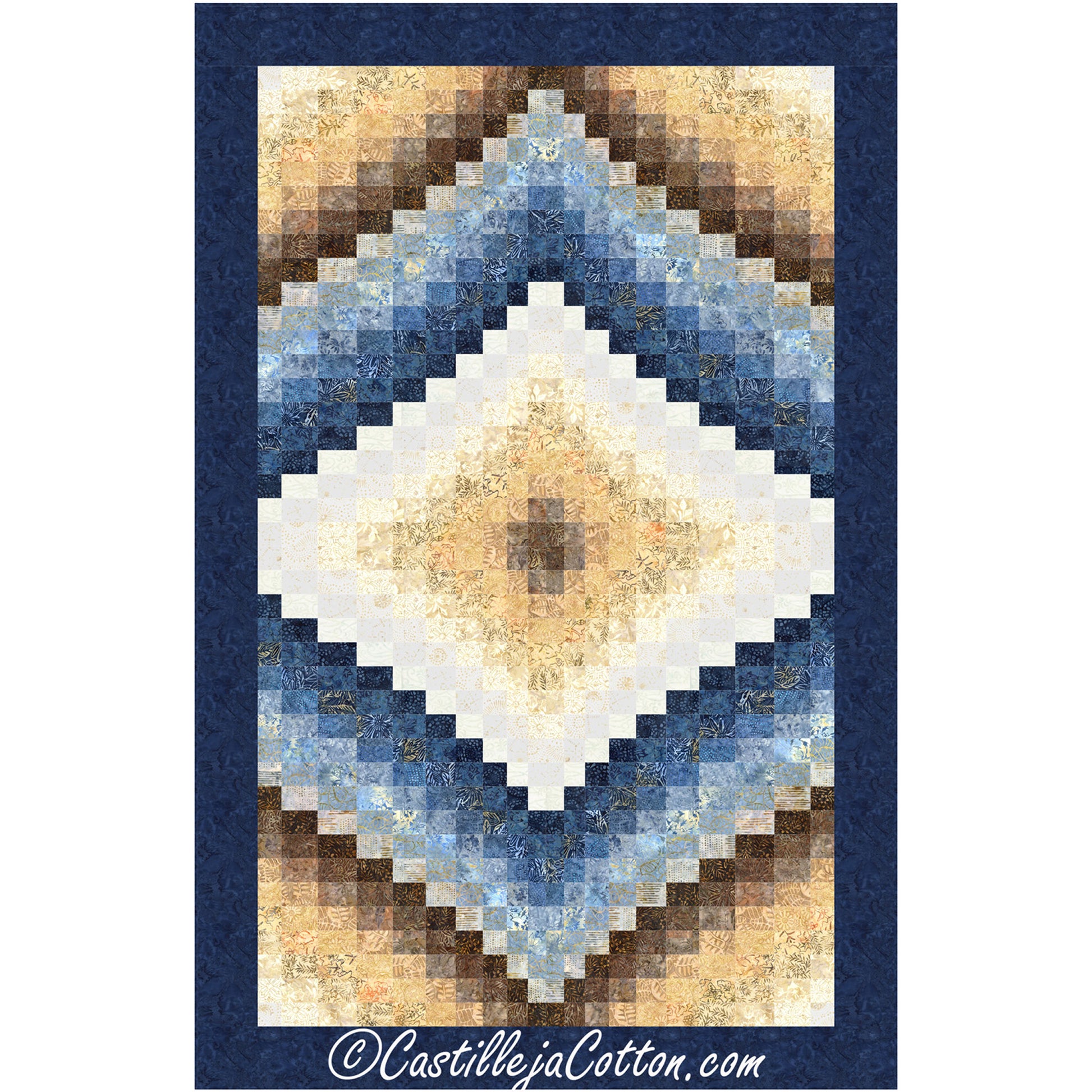 Beautiful quilt showcasing a beautiful design in blue, white, and brown colors.