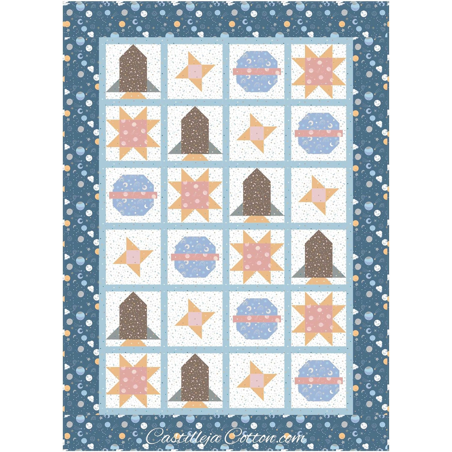 Planets in Space quilt features a pieced space ship, stars (Ohio and friendship stars), and planet blocks for a child's quilt.