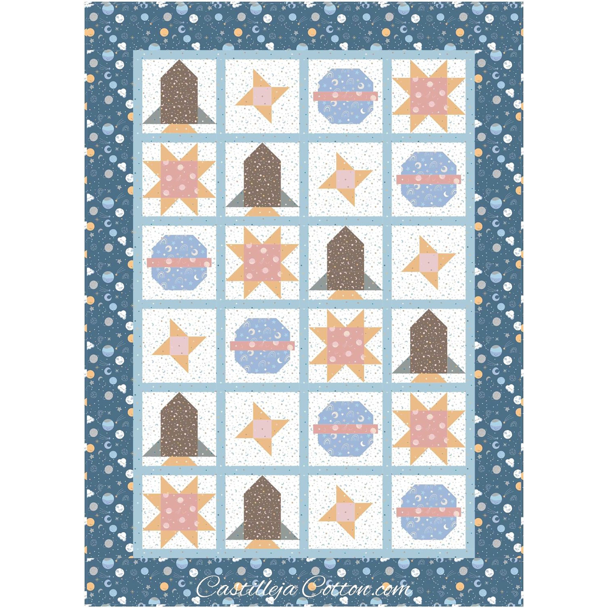 Planets in Space quilt features a pieced space ship, stars (Ohio and friendship stars), and planet blocks for a child's quilt.