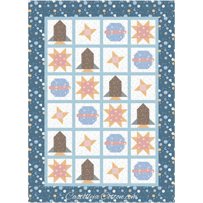 Planets in Space quilt features a pieced space ship, stars (Ohio and friendship stars), and planet blocks for a child's quilt.