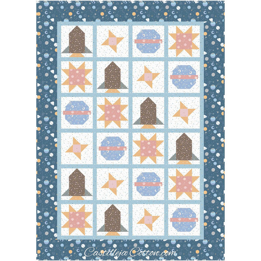 Planets in Space quilt features a pieced space ship, stars (Ohio and friendship stars), and planet blocks for a child's quilt.