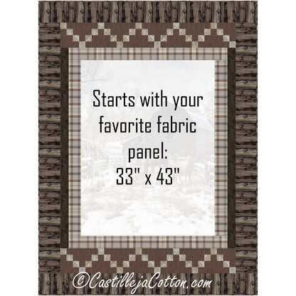 Winter Pasture quilt features a horse panel with horses eating in the snow with two simple pieced borders: staggered irish chain blocks. This image includes a note where the panel would go telling you where you would add your own fabric panel. Size of panel needed is 33-inches by 43-inches.