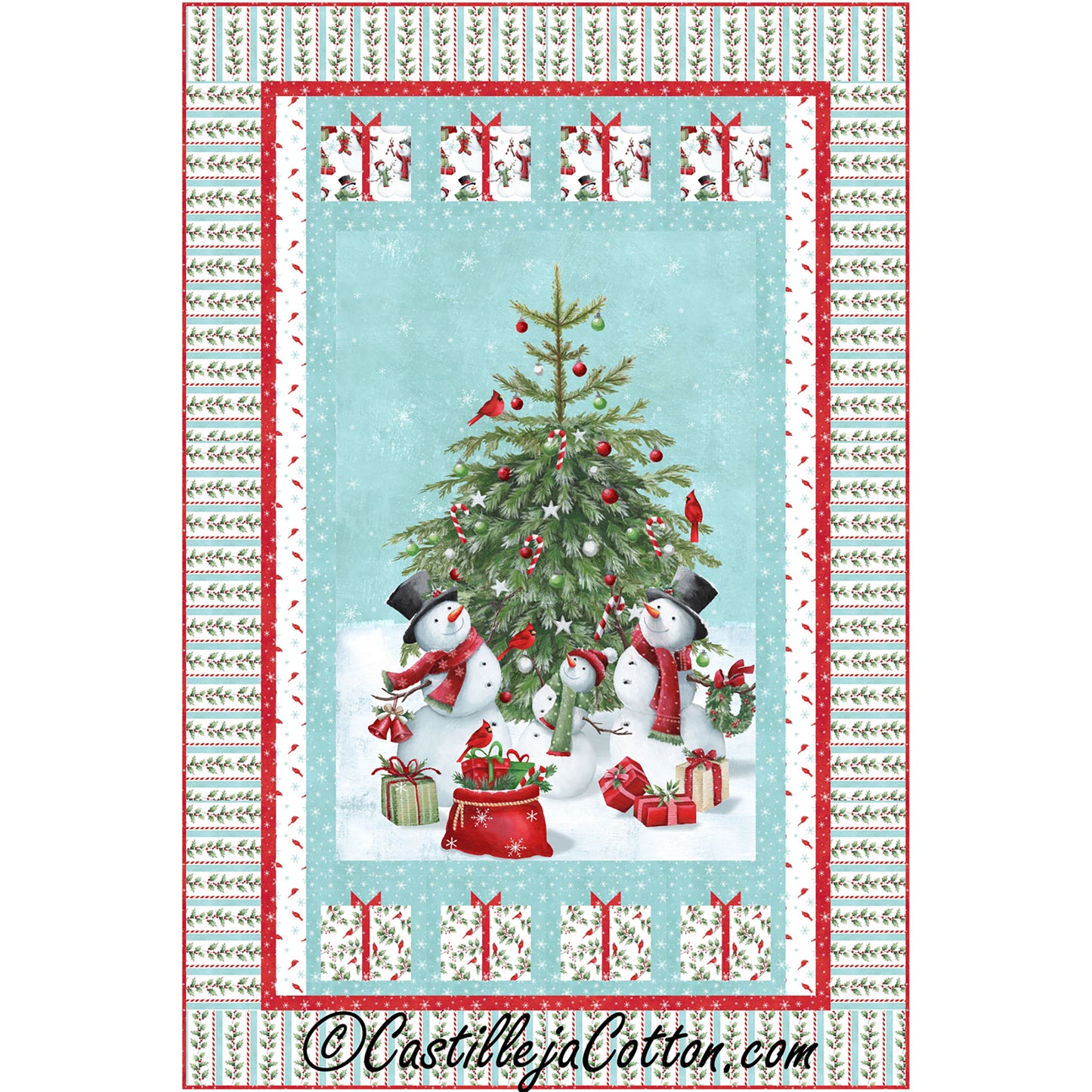 Snow Folk and Presents quilt features Snow folk and Christmas tree panel with simple pieced borders. 