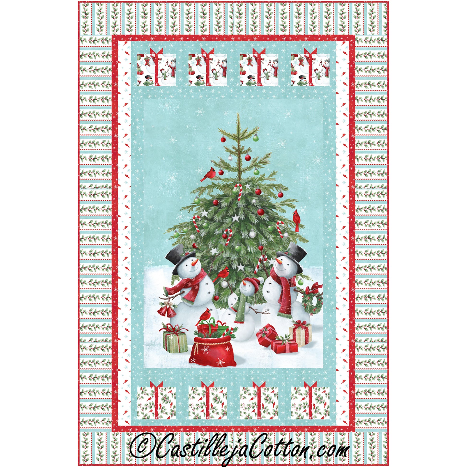 Snow Folk and Presents quilt features Snow folk and Christmas tree panel with simple pieced borders. 