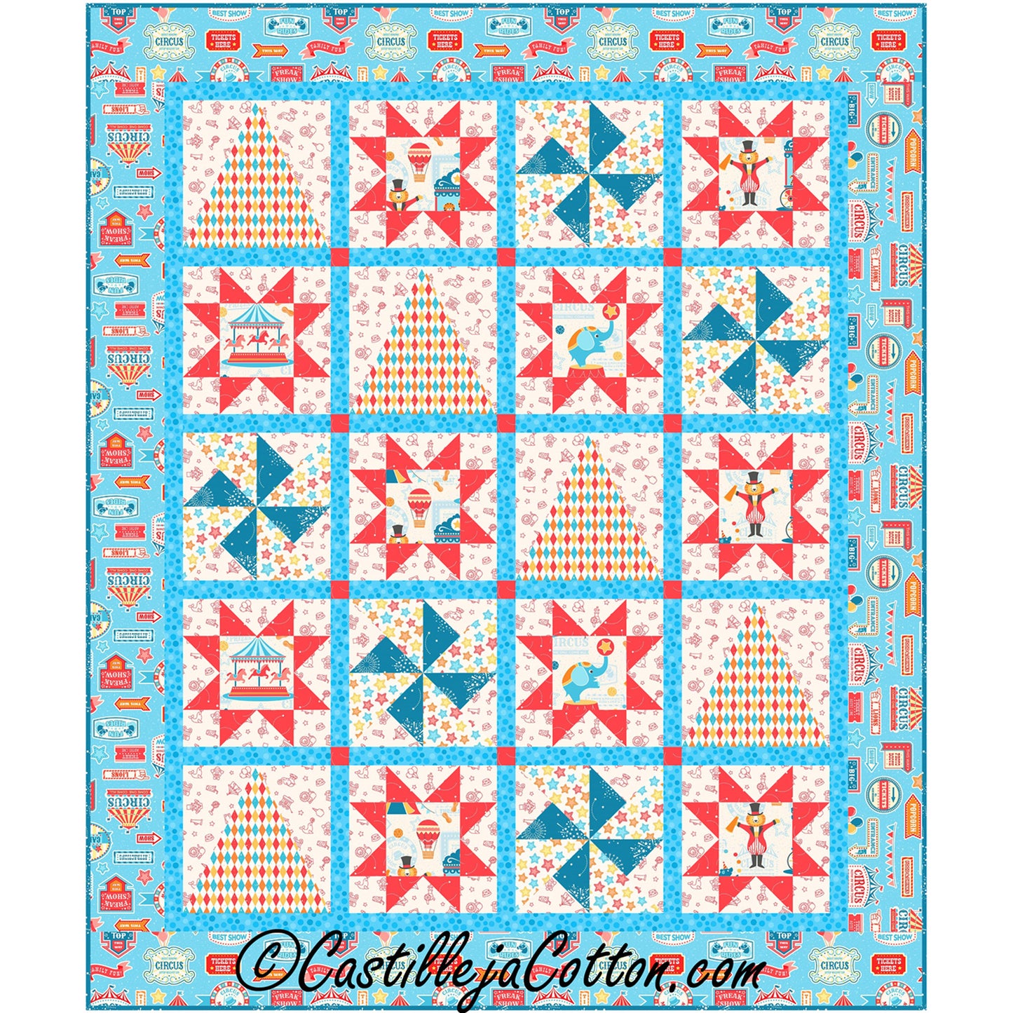 Sampler quilt with three blocks of tall triangle, star with circus image inside and pinwheels set up in a patterns of four by five down. Bright colors of blues and reds.