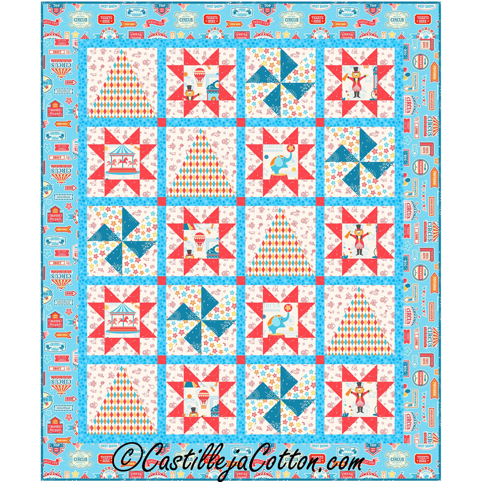 Sampler quilt with three blocks of tall triangle, star with circus image inside and pinwheels set up in a patterns of four by five down. Bright colors of blues and reds.