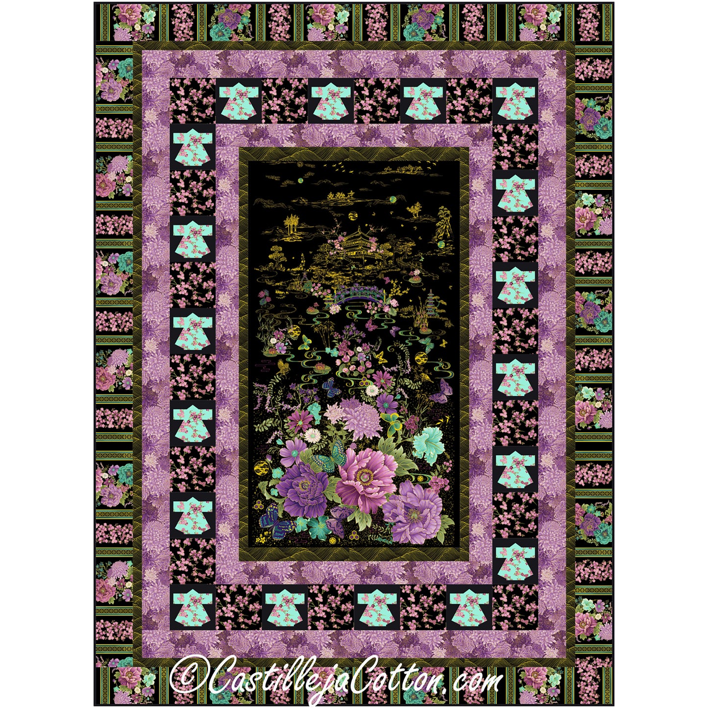 A quilt featuring vibrant purple flowers against a black background with borders of thin green, thicker purple, kimono and blocks border, another purple border and then flowers and green stripes border.