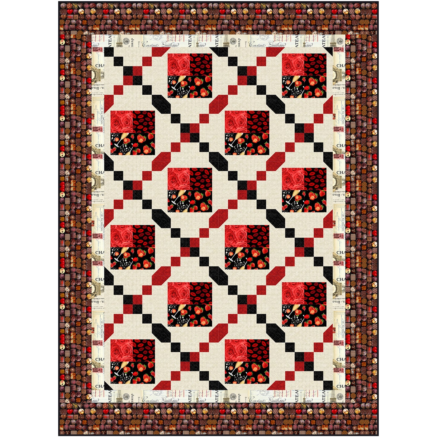 Diagonal diamond strings intersect through this quilt to create holes for four patch of four red and black fabrics. The chains are black from left to bottom and red from right to top.