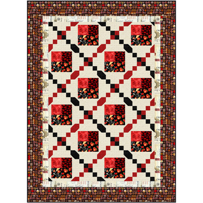 Diagonal diamond strings intersect through this quilt to create holes for four patch of four red and black fabrics. The chains are black from left to bottom and red from right to top.