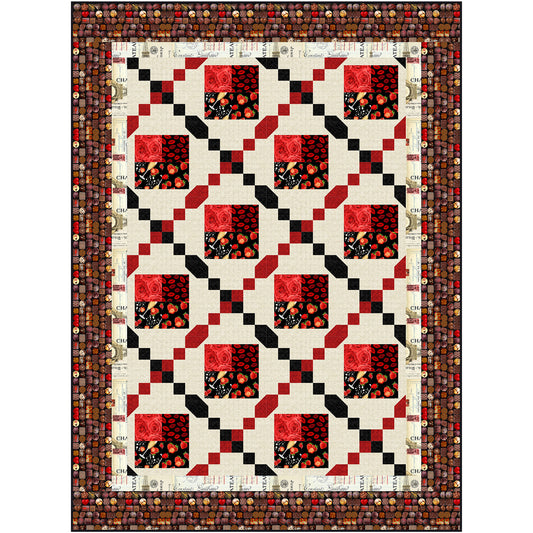 Diagonal diamond strings intersect through this quilt to create holes for four patch of four red and black fabrics. The chains are black from left to bottom and red from right to top.