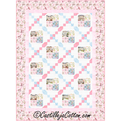 Soiree Chains Four Patches quilt pattern features framed four patch blocks alternated with a chain block. 