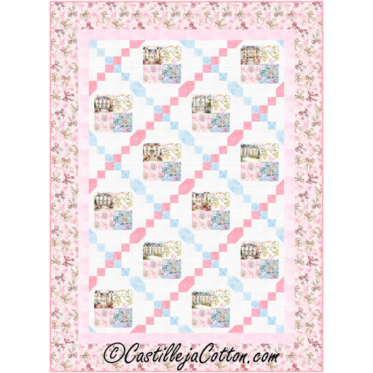 Soiree Chains Four Patches quilt pattern features framed four patch blocks alternated with a chain block. 